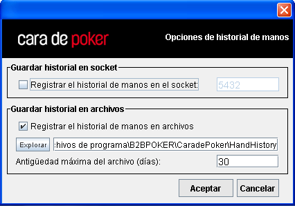 configuración historial de manos de cara de poker